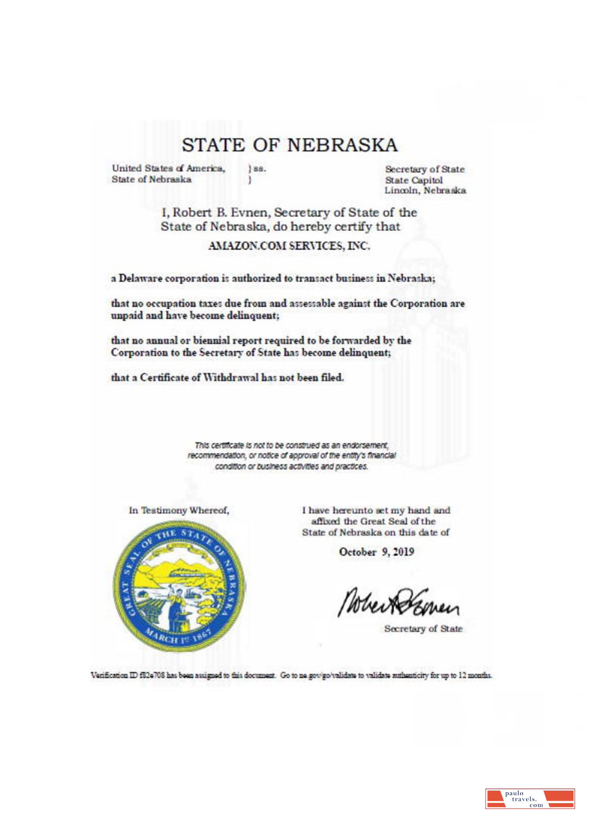 USA Nebraska certificate of good standing